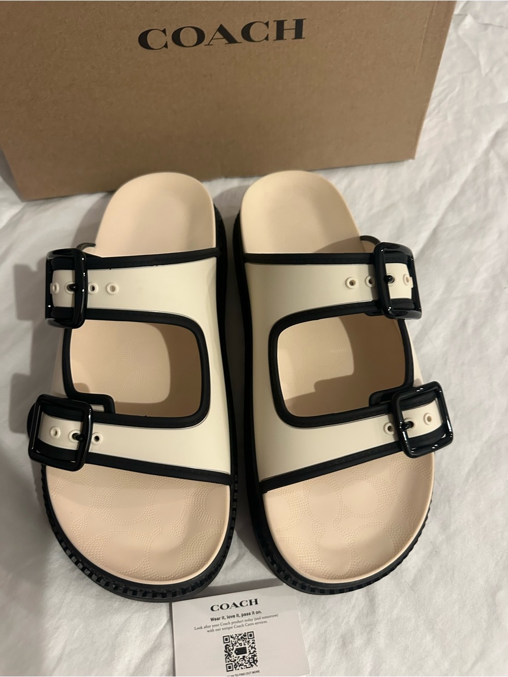Coach Two-Tone Cream and Black Buckle Slide Sandals